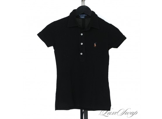 SUMMER DAILY DRIVER : WOMENS RALPH LAUREN BLACK PIQUE POLO SHIRT WITH SIGNATURE PONY XS