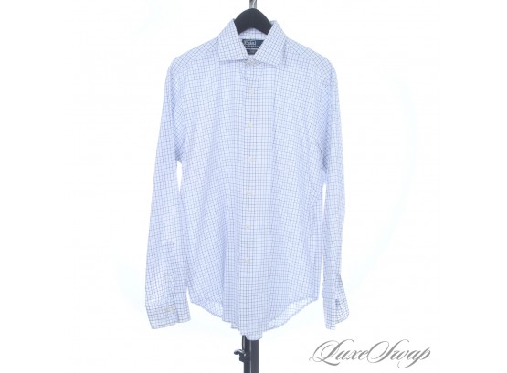 LIKE NEW WITHOUT TAGS POLO RALPH LAUREN MENS WHITE DOUBLE BLUE TATTERSALL PLAID SPREAD COLLAR SHIRT 16 34/35