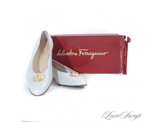 SALVATORE FERRAGAMO MADE IN ITALY 'CAMMINO' SMOKE GREY CALF LEATHER SHOES WITH MOTHER OF PEARL COIN TOE 8.5