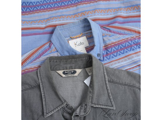 LOT OF 2 MENS KOTO SOUTHWESTERN AZTEC PRINT AND SALT VALLEY WESTERN WASHED GREY BUTTON DOWN SHIRTS S