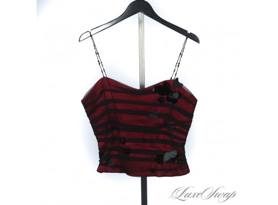 ITS A PARTY YALL : LIKE NEW KAY UNGER MADE IN USA CRANBERRY AND BLACK CHIFFON OVERLAY BEADED STRAP TOP 14