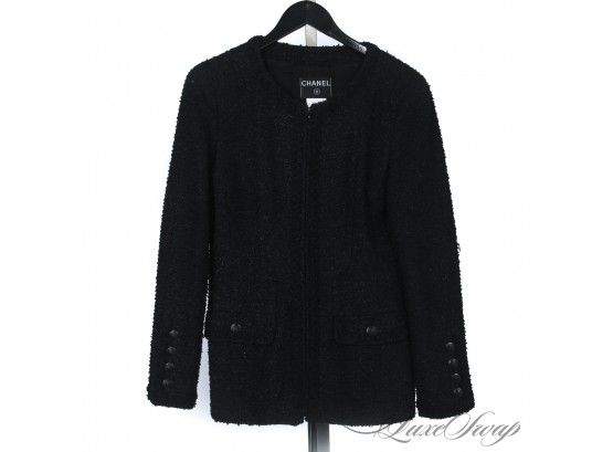 YOUVE BEEN WAITING FOR THIS : $7,000 AUTHENTIC CHANEL 2002 MADE IN FRANCE BLACK FANTASY TWEED ZIP JACKET 40