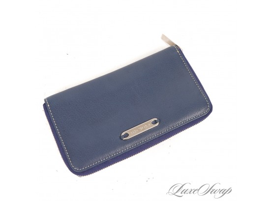 BRAND NEW WITHOUT TAGS AUTHENTIC MICHAEL KORS NAVY BLUE DRUMMED LEATHER ZIPAROUND CLUTCH WALLET
