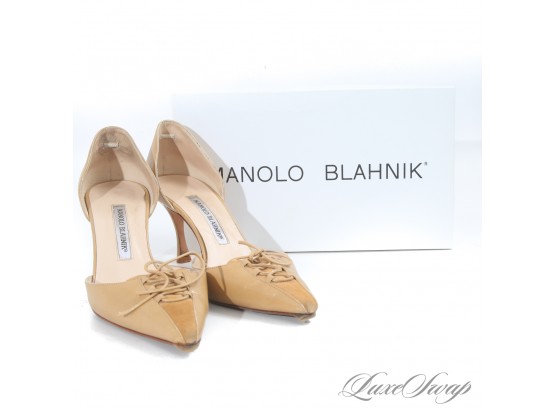 HOW MUCH?! $750 MANOLO BLAHNIK MADE IN ITALY 'KINGADO' KID LEATHER CAMEL CORSET LACED D'ORSAY SHOES W/BOX 10