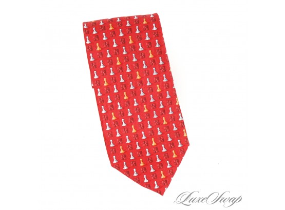 INCREDIBLE COLOR : ERMENEGILDO ZEGNA MADE IN ITALY BLAZING RED RIBBED SILK TIE WITH CHESS PIECES AND FLORETS