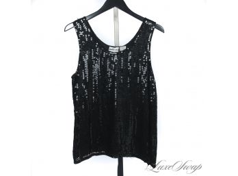 STUDIO 54 CALLED : VINTAGE 1980S SWEE-LO BLACK PURE SILK TANK TOP WITH FULLY EMBROIDERED SEQUINS M