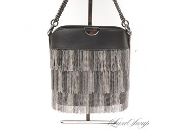 BRAND NEW WITHOUT TAGS AUTHENTIC MICHAEL KORS BLACK LEATHER MINI BUCKET BAG WITH SILVER CHAIN TASSEL FRINGES