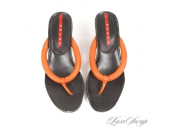 AUTHENTIC PRADA LINEA ROSSA MADE IN ITALY ORANGE PUFFED LEATHER THONG STRAP SANDALS 36