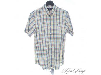 DAY DRINKIN : RECENT AND LIKE NEW MENS POLO RALPH LAUREN YELLOW MULTI MADRAS PLAID SHORT SLEEVE SHIRT M