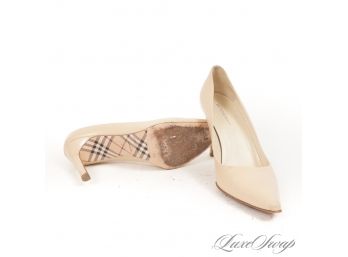 THE STAR OF THE SHOW! AUTHENTIC BURBERRY MADE IN ITALY BEIGE NAPPA LEATHER POINT TOE PUMPS W/TARTAN SOLES 37.5