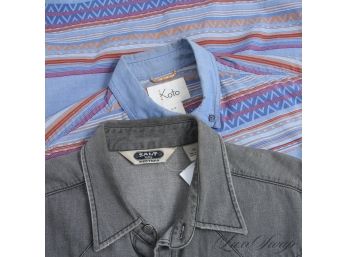 LOT OF 2 MENS KOTO SOUTHWESTERN AZTEC PRINT AND SALT VALLEY WESTERN WASHED GREY BUTTON DOWN SHIRTS S