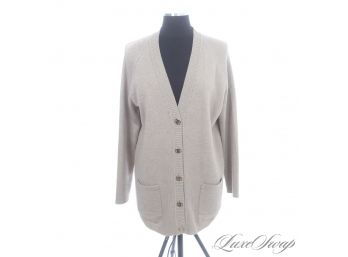STUNNING AND LUXURIOUS SALVATORE FERRAGAMO MADE IN ITALY OATMEAL RIBBED GANCINI BIT BUTTON CARDIGAN XL
