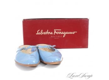 SALVATORE FERRAGAMO MADE IN ITALY 'RICE' POOL BLUE PATENT LEATHER FLAT ONE STRAP MULES SHOES  ORIGINAL BOX 9