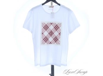 BRAND NEW WITH TAGS RODA AT THE BEACH MENS WHITE TEE SHIRT WITH TAPED TARTAN PLAID CENTER SQUARE L