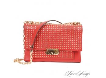 BRAND NEW WITHOUT TAGS AUTHENTIC MICHAEL KORS CHERRY RED LEATHER GOLD SILVER STUDDED FLAP BAG