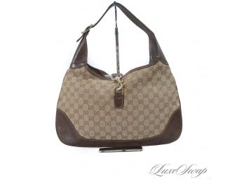 THE STAR OF THE SHOW! AUTHENTIC VINTAGE GUCCI BROWN MONOGRAM CANVAS PIGSKIN LEATHER TRIM 15.75' JACKIE BAG
