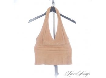 FREAKING KILLER! THEORY UNLINED CHEVRE' SUEDE LEATHER CAMEL BOHEMIAN HALTER TOP P