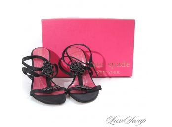 EVENINGS OUT IN THE GARDEN! KATE SPADE BLACK SATIN STRAPPY SANDALS WITH FIREWORK CRYSTAL MEDALLION 8