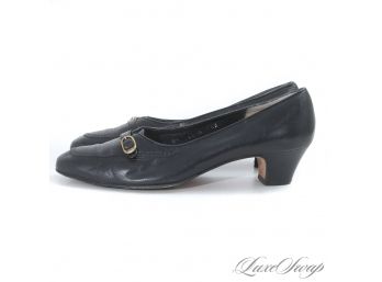 SALVATORE FERRAGAMO MADE IN ITALY BLACK NAPPA LEATHER BROGUED KITTEN HEEL SHOES WITH GOLD BUCKLE STRAP 9