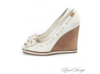 NOW THESE ARE HOT! LIKE NEW IN BOX COACH 'THALIA' WHITE CANVAS TWILL MONOGRAM RIBBON WEDGE SHOES 7.5