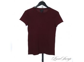 THE ULTIMATE LUXE : J. CREW MAROON WINE ITALIAN CASHMERE ROLLED HEM SHORT SLEEVE KNIT SWEATER SHIRT S
