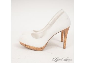 SUMMER PERFECT! BRAND NEW WITHOUT BOX FIONI WHITE PIQUE CANVAS AND CORK PLATFORM SOLE PUMPS SHOES 8