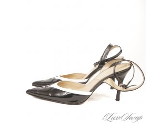 THESE ARE GORGEOUS! TAHARI BLACK PATENT LEATHER POINT TOE SLINGBACK 'HARLEQUIN' SHOES WITH WHITE PIPING 8