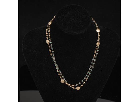 #17 A RECENT AND HIGH QUALITY MATTE PALE GOLD TONE LONG NECKLACE WITH ALTERNATING AQUAMARINE COLORED BEADS