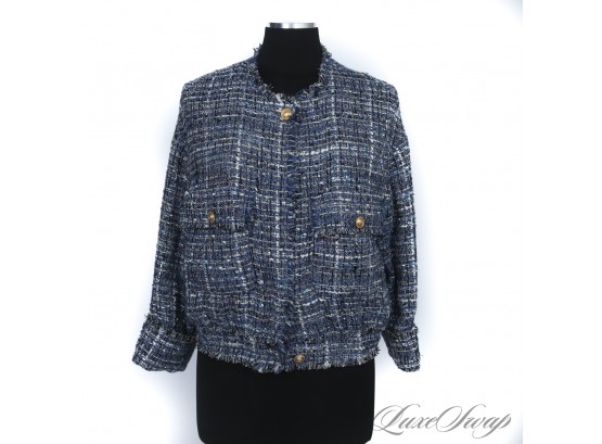 BRAND NEW WITH TAGS $129 CHANEL-ESQUE ZARA BLUE FANTASY TWEED UNSTRUCTURED BLOUSON JACKET S