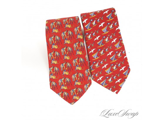 LOT OF TWO AUTHENTIC SALVATORE FERRAGAMO MADE IN ITALY MENS RED SILK TIES WITH BIRD AND ELEPHANT MOTIF