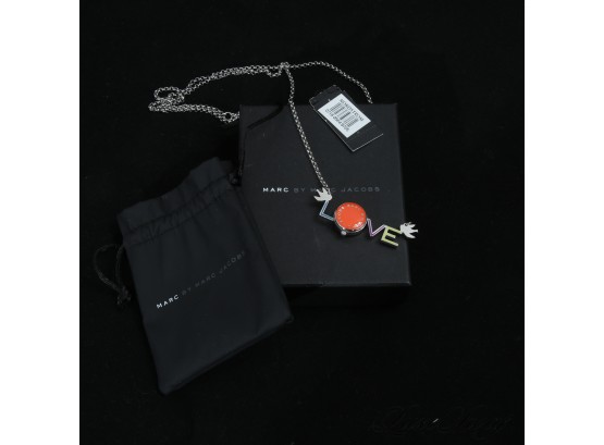 BRAND NEW IN BOX $175 MARC JACOBS 'LOVE' SILVER METAL SPELLOUT NECKLACE WITH A CLOCK IN THE O!