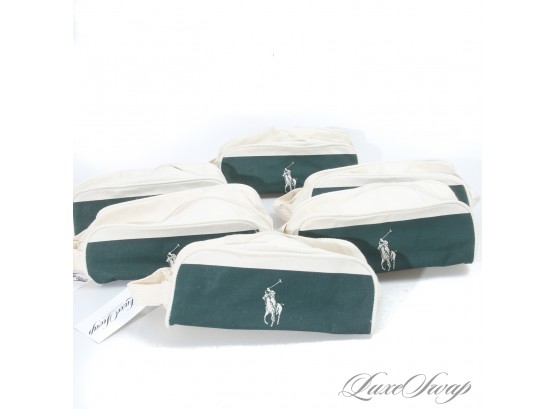 LOT OF 6 BRAND NEW UNUSED POLO RALPH LAUREN PROMOTIONAL IVORY AND GREEN CANVAS TOILETRY BAGS