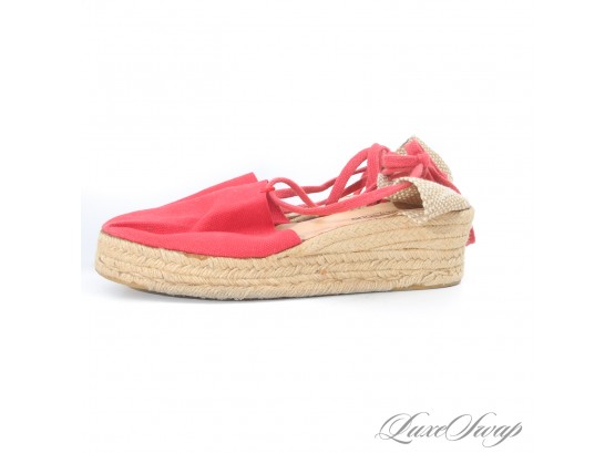 BRAND NEW WITHOUT TAGS ANDRE ASSOUS MADE IN SPAIN TOMATO RED WASHED CANVAS ESPADRILLE SHOES 10