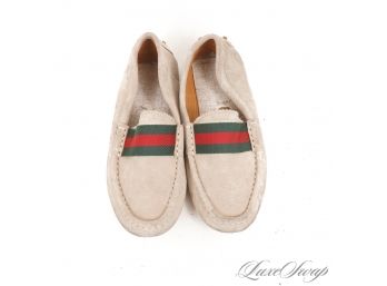 FOR THE KIDS! AUTHENTIC GUCCI CHILDRENS CAPPUCCINO SUEDE RACE STRIPE PEBBLED SOLE DRIVING SHOES 311473 33