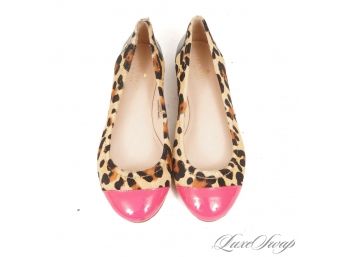 CUTIE PAH-TOOTIES! AUTHENTIC AND LIKE NEW KATE SPADE LEOPARD PRINT PONYSKIN BALLET FLATS W/ PINK CAPTOE 7.5