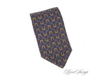 BROOKS BROTHERS MADE IN THE USA MENS NAVY BLUE SILK TIE WITH GOLD HORSESHOE LUCKY MOTIF