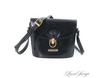 NEAR DEADSTOCK VINTAGE POLO RALPH LAUREN BLACK GLOSS LEATHER BAG WITH GOLD TONE DOORKNOCKER CLASP