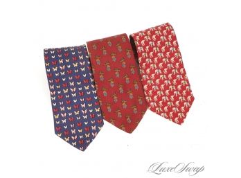 #1 LOT OF THREE MENS BROOKS BROTHERS SILK TIES W/WHIMSICAL ANIMAL PRINTS : BUTTERFLY, TEDDY BEAR, & ELEPHANT