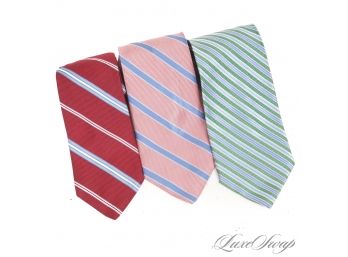#2 LOT OF THREE BROOKS BROTHERS MADE IN THE USA CLASSIC WOVEN SILK REPP STRIPE RED, PINK AND GREEN SILK TIES