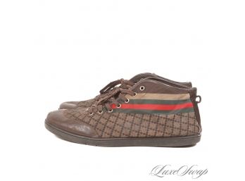 AUTHENTIC GUCCI MADE IN ITALY MENS BROWN LEATHER DIAMOND PRINT FABRIC RACE STRIPE HIGH TOP SNEAKERS 268686 11