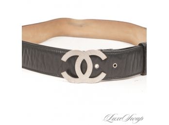 THE STAR OF THE SHOW! AUTHENTIC CHANEL MADE IN ITALY BLACK LAMBSKIN LEATHER SILVER CC MONOGRAM BUCKLE BELT 34