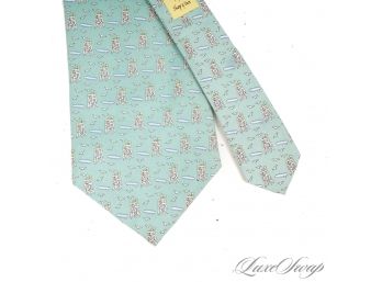 LIKE NEW VINEYARD VINES MENS PURE SILK TIE IN KEY LIME WITH SURFBOARD AND LIFEGUARD TOWER SUMMER THEME