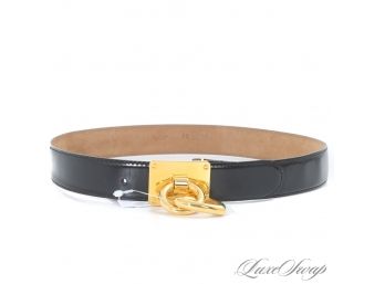 KILLER VINTAGE 1990S MOSCHINO MADE IN ITALY BLACK LEATHER BELT WITH GOLD LOCK AND HEART CHARM 40 (EU)