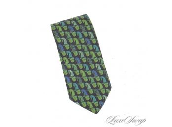 BROOKS BROTHERS MADE IN THE USA MENS NAVY BLUE AND GREEN SILK TIE WITH HORSEHEAD AND EQUESTRIAN THEME