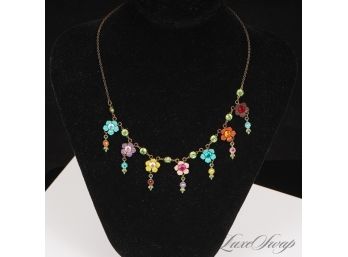#14 A VERY BEAUTIFUL AND HIGH QUALITY MICHAEL NEGRIN ANTIQUED BRASS METAL NECKLACE WITH CRYSTAL FLOWERS