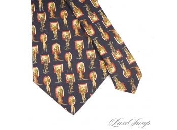 AUTHENTIC SALVATORE FERRAGAMO MADE IN ITALY MENS BLACK SILK TIE WITH WHIMSICAL ANIMALS LOOKING OUT THE WINDOW