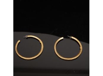 #4 A RECENT AND HIGH QUALITY PAIR OF BRASS TONE MATTE FINISH LARGE HOOP EARRINGS WITTH PYRAMID STUDS