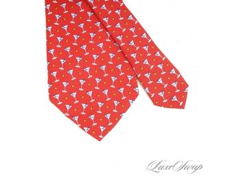 BROOKS BROTHERS COUNTRY CLUB MADE IN THE USA CHERRY RED WHIMSICAL MARTINI AND OLIVE PRINT MENS SILK TIE