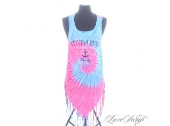 SUCH AN 80S THROWBACK! DAYTONA BEACH NEON PINK AND BLUE FRINGED TIE DYED LONG TANK TOP