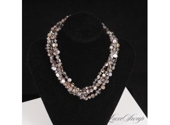 #20 AN INCREDIBLE AND HIGH QUALITY ULTRA LONG NECKLACE IN ANTHRACITE MOTHER OF PEARL BEADS AND CRYSTALS
